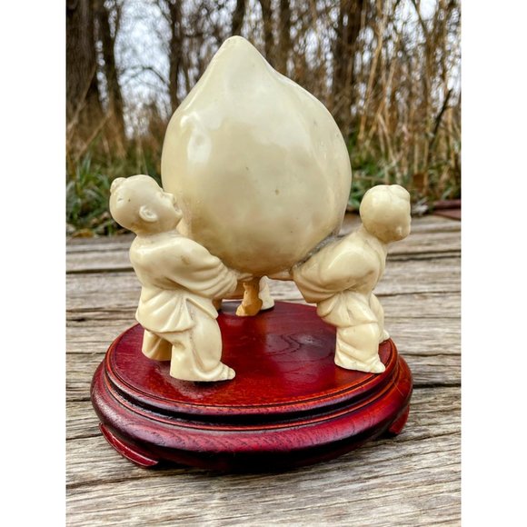 Vintage Asian China Resin Sculpture Boys Holding Longevity Peach - Picture 3 of 15